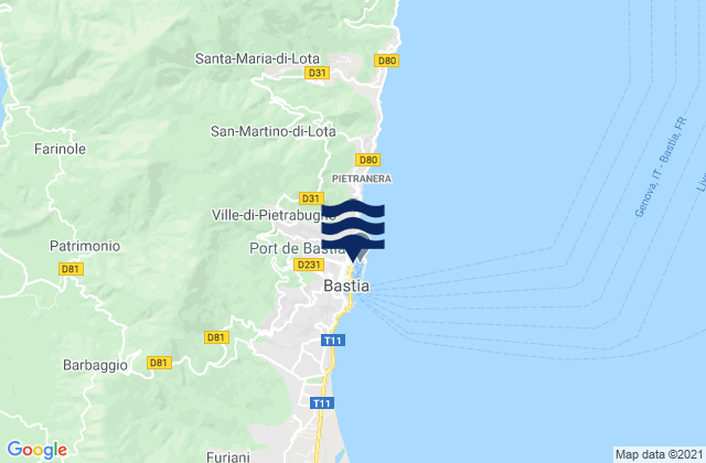 Mapa de mareas Bastia, France