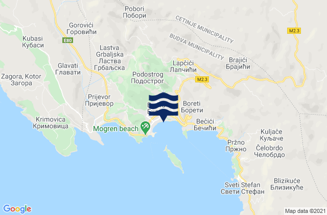 Mapa de mareas Budva, Montenegro