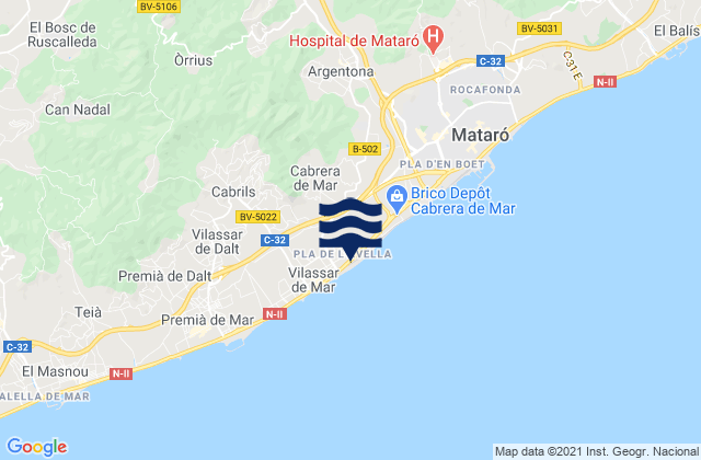 Mapa de mareas Cabrera de Mar, Spain