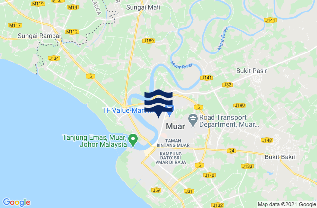 Mapa de mareas Daerah Muar, Malaysia