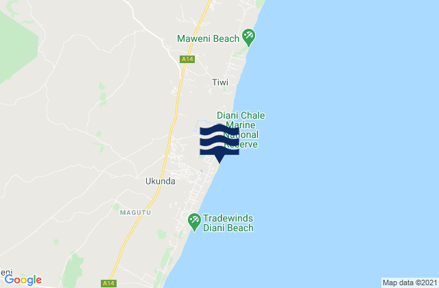 Mapa de mareas Diani Beach, Kenya