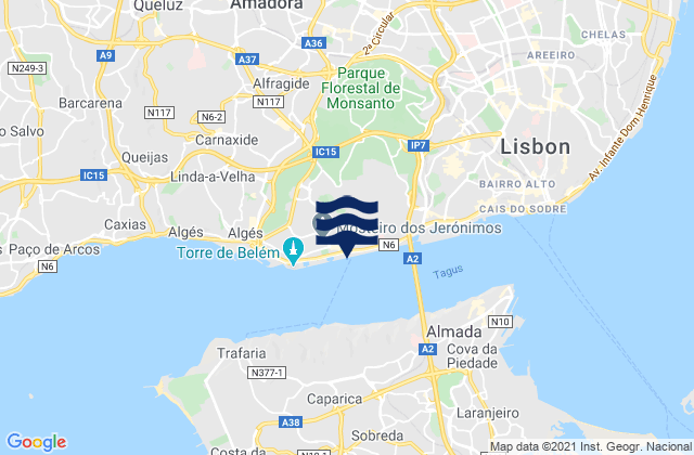Mapa de mareas Famões, Portugal