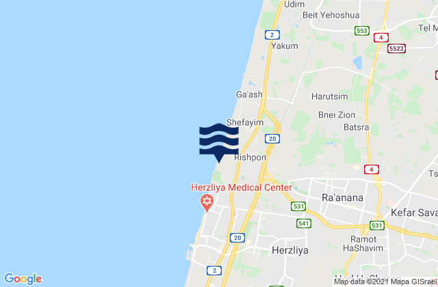 Mapa de mareas Hod HaSharon, Israel