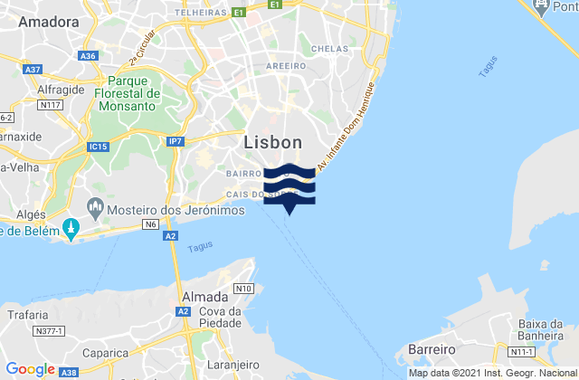 Mapa de mareas Lisbon Tagus River, Portugal