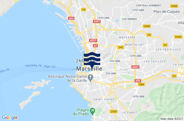 Mapa de mareas Marseille - Le Prado, France