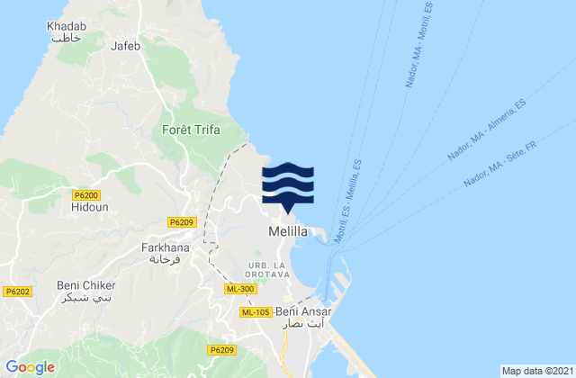 Mapa de mareas Melilla, Spain