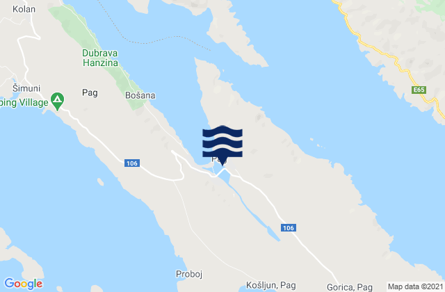 Mapa de mareas Pag, Croatia