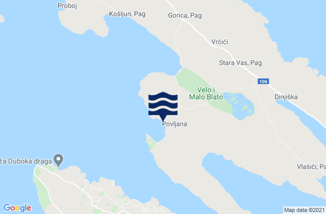 Mapa de mareas Povljana, Croatia