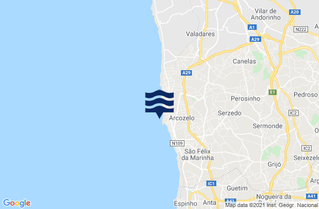 Mapa de mareas Praia da Aguda, Portugal