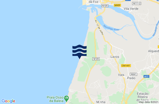 Mapa de mareas Praia da Costa de Lavos, Portugal