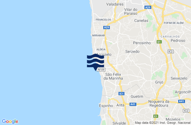 Mapa de mareas Praia da Granja, Portugal