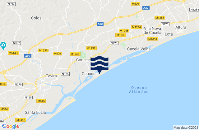 Mapa de mareas Praia de Cabanas, Portugal