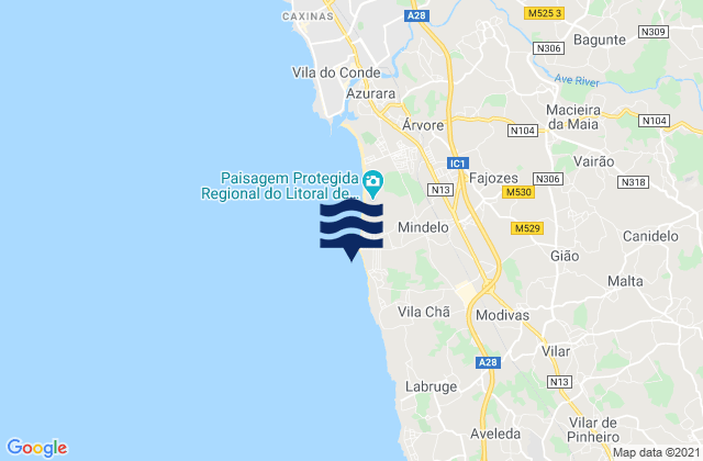 Mapa de mareas Praia de Mindelo, Portugal