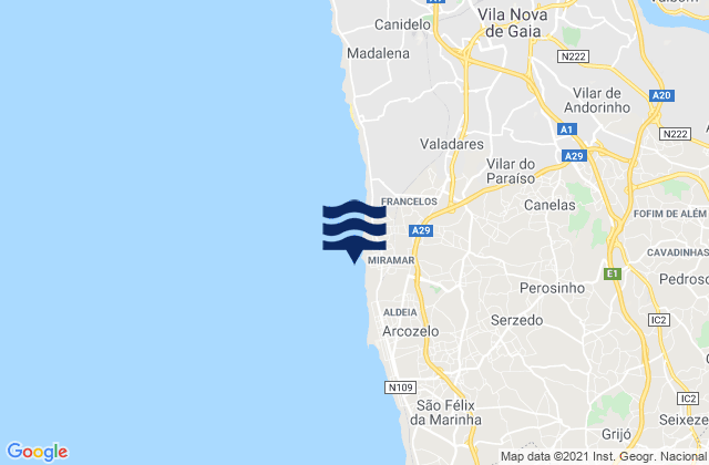 Mapa de mareas Praia de Miramar, Portugal