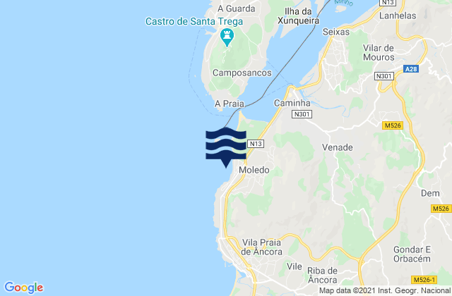 Mapa de mareas Praia de Moledo, Portugal