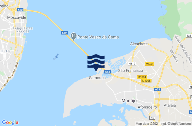 Mapa de mareas Praia do Samouco, Portugal