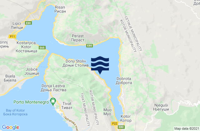 Mapa de mareas Prčanj, Montenegro
