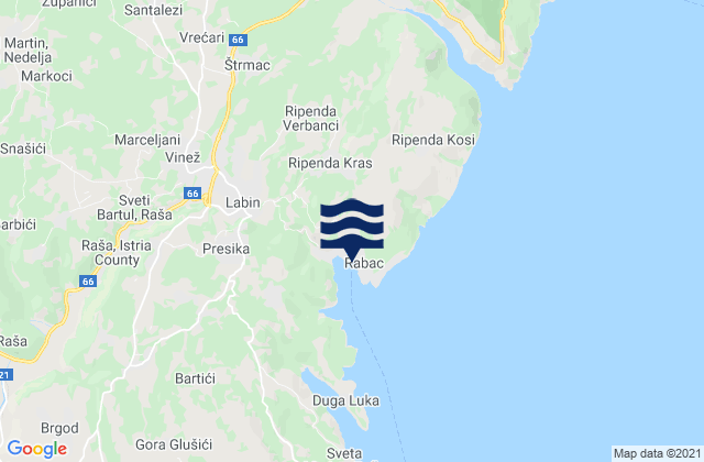 Mapa de mareas Rabac, Croatia
