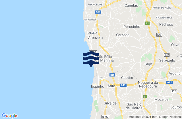 Mapa de mareas São Félix da Marinha, Portugal
