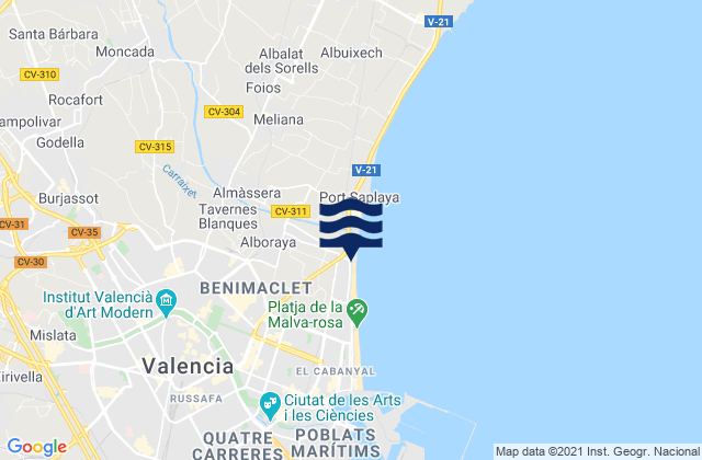 Mapa de mareas Tavernes Blanques, Spain