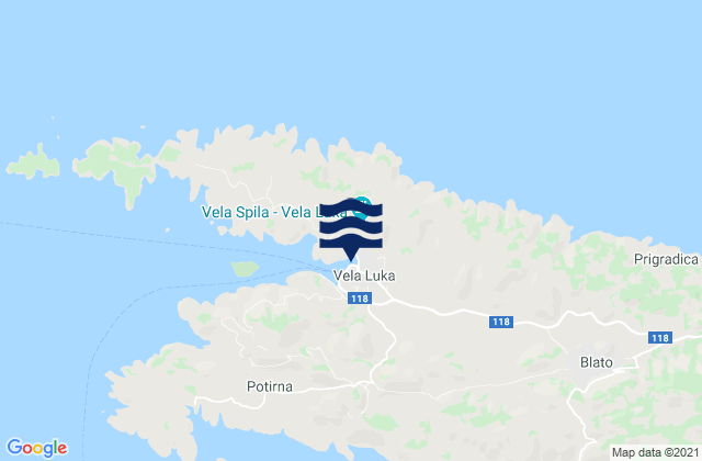 Mapa de mareas Vela Luka, Croatia
