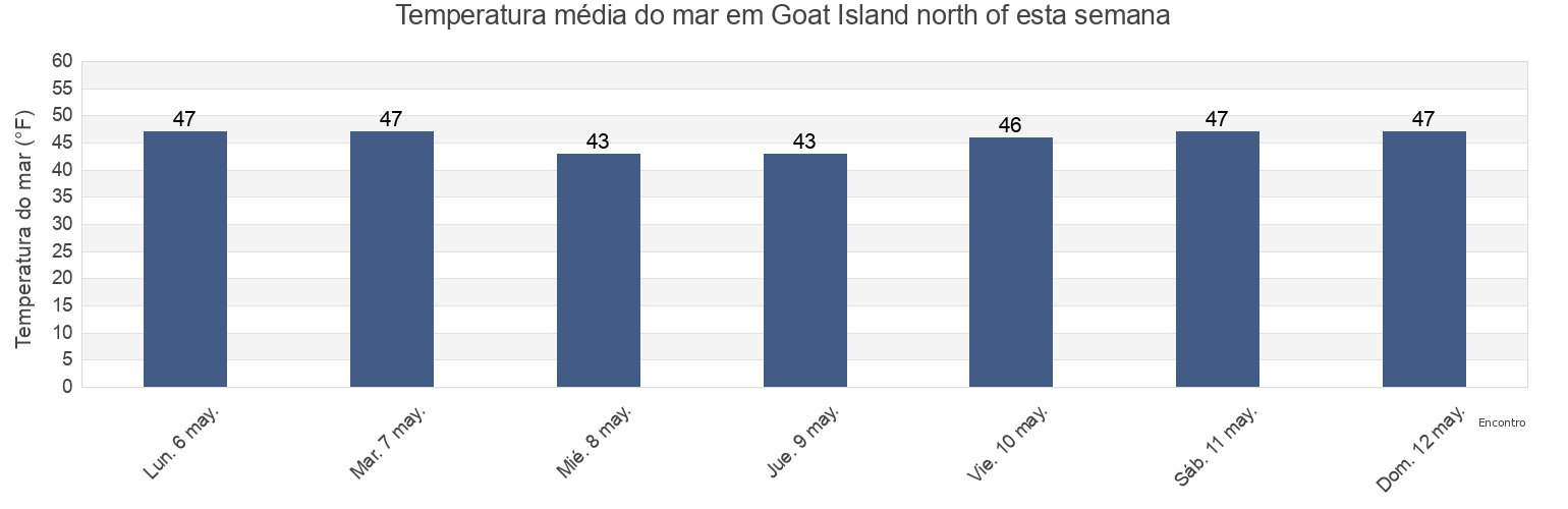 Temperatura do mar em Goat Island north of, Strafford County, New Hampshire, United States esta semana